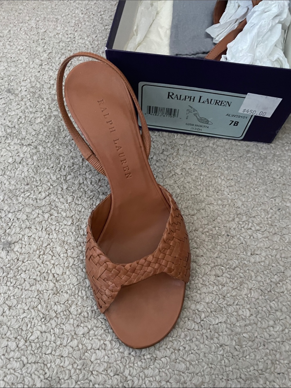 Ralph Lauren Woven Leather Slingback Sandals in Cognac